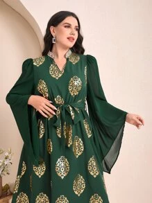 Mulvari Plus Gold Plant Print Notched Neckline Belted Dress - Dark Green - View 5