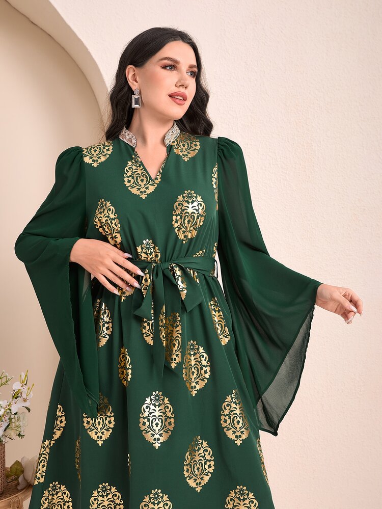 Mulvari 大碼金色植物印花缺口領繫腰帶連衣裙 - 墨綠色 - 查看 5