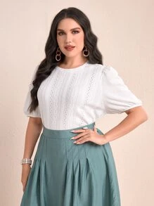 Modelyn Plus Eyelet Embroidery Puff Sleeve Tee - White - View 3