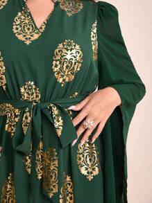 Mulvari Plus Gold Plant Print Notched Neckline Belted Dress - Dark Green - View 6