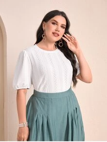 Modelyn Plus Eyelet Embroidery Puff Sleeve Tee - White - View 2