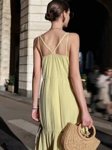 SHEIN Đầm Chia Dây kéo Viên lá sen màu trơn Giải trí - Màu vàng - Xem 2