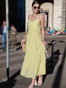 SHEIN Đầm Chia Dây kéo Viên lá sen màu trơn Giải trí - Màu vàng - Xem 11