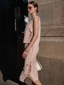 SHEIN Bộ đồ hai mảnh nữ Dây kéo Thắt nút Lá thư Giải trí - Màu Hồng baby - Xem 4