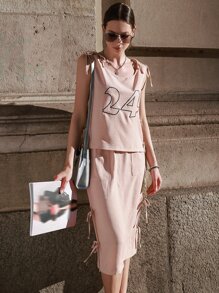 SHEIN Bộ đồ hai mảnh nữ Dây kéo Thắt nút Lá thư Giải trí - Màu Hồng baby - Xem 8