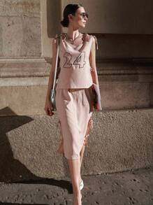 SHEIN Bộ đồ hai mảnh nữ Dây kéo Thắt nút Lá thư Giải trí - Màu Hồng baby - Xem 12