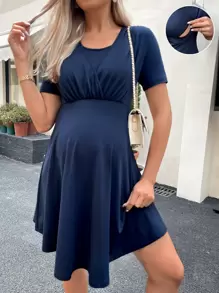 SHEIN Maternity Solid Nursing Bust Dress - Navy Blue - View 1