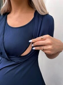 SHEIN Maternity Solid Nursing Bust Dress - Navy Blue - View 5