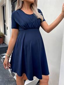 SHEIN Maternity Solid Nursing Bust Dress - Navy Blue - View 6
