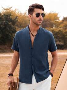 Manfinity Homme Camisa Casual Lisa De Con Botones Y Cuello De Manga Corta Para Hombre - Azul Marino - Ver 1