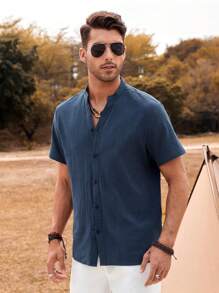 Manfinity Homme Camisa Casual Lisa De Con Botones Y Cuello De Manga Corta Para Hombre - Azul Marino - Ver 4