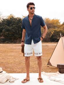 Manfinity Homme Camisa Casual Lisa De Con Botones Y Cuello De Manga Corta Para Hombre - Azul Marino - Ver 5