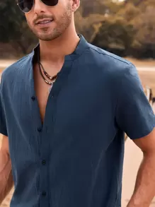 Manfinity Homme Camisa Casual Lisa De Con Botones Y Cuello De Manga Corta Para Hombre - Azul Marino - Ver 6