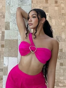 SHEIN SXY One Shoulder Heart Ring Linked Crop Top - Hot Pink - View 1