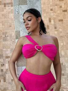 SHEIN SXY One Shoulder Heart Ring Linked Crop Top - Hot Pink - View 4