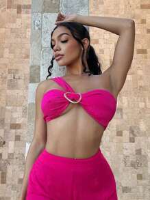 SHEIN SXY One Shoulder Heart Ring Linked Crop Top - Hot Pink - View 5