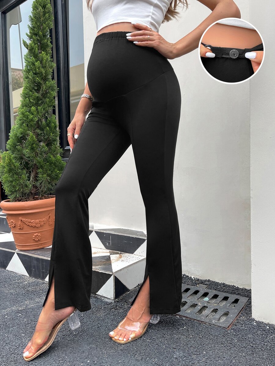 SHEIN Maternidad Pantalones acampanados de cintura ajustable bajo con abertura - Negro - Ver 1