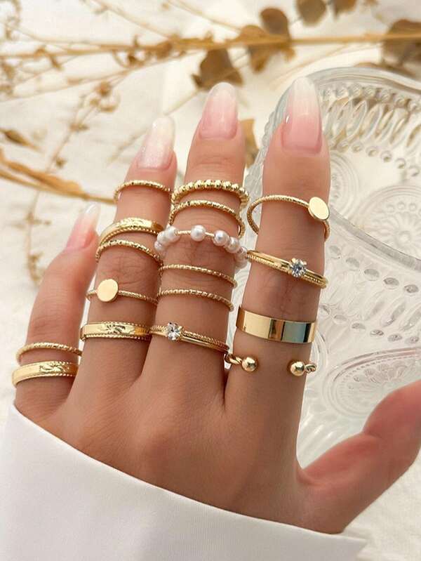 Conjunto De 15 Anillos Decorados Con Diamantes De Imitación Y Perlas Falsas