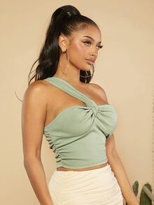 SHEIN SXY One Shoulder Twist Front Crop Top - Mint Green - View 4