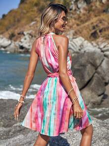 SHEIN VCAY Striped Print Belted Halter Dress - Multicolor - View 2