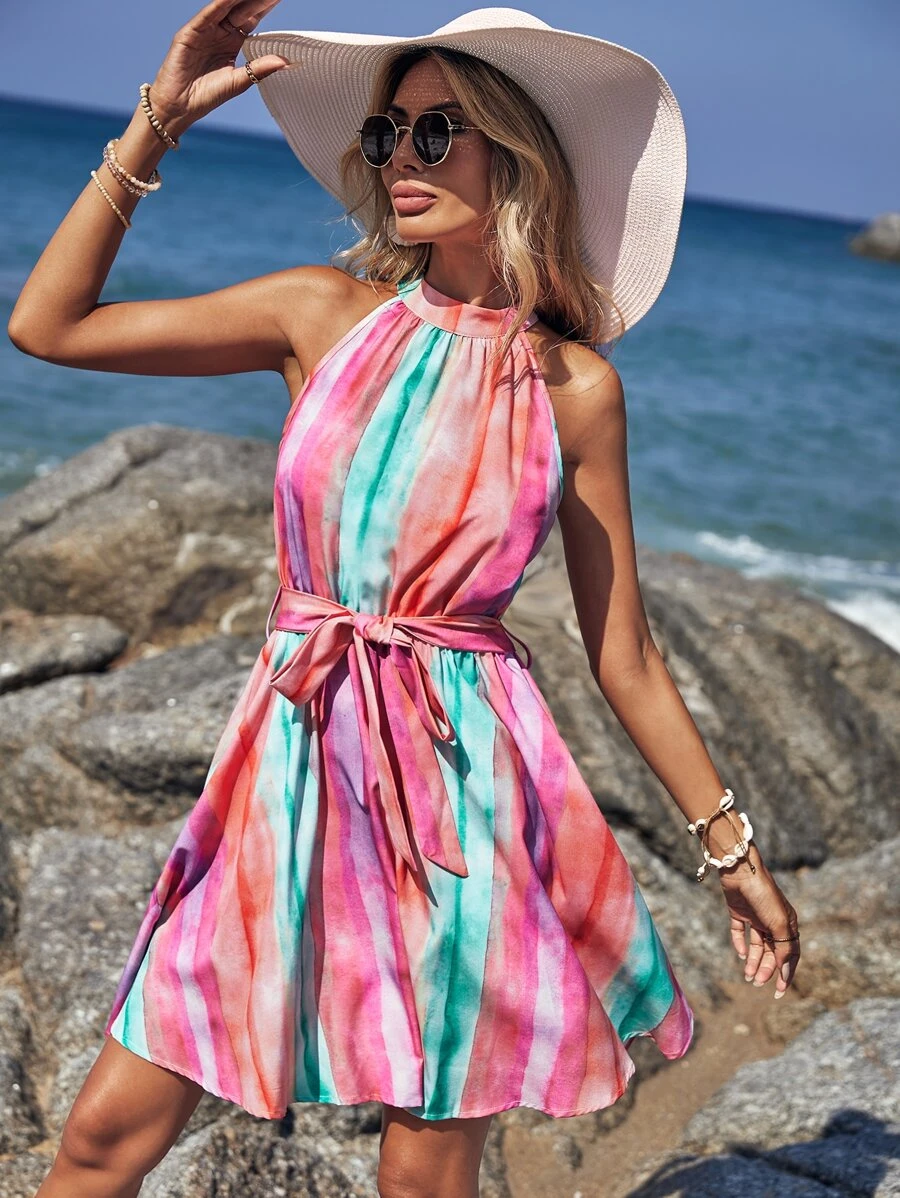 SHEIN VCAY Striped Print Belted Halter Dress - Multicolor - View 1