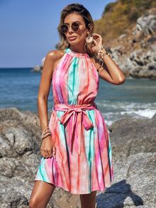 SHEIN VCAY Striped Print Belted Halter Dress - Multicolor - View 5