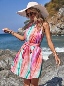 SHEIN VCAY Striped Print Belted Halter Dress - Multicolor - View 4