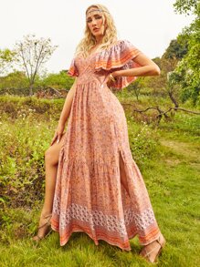 S BETRO Đầm Xù Buộc lại Tách cao Paisley Boho - Nhiều màu - Xem 1