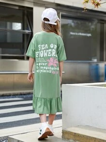 SHEIN 女孩標語圖案落肩袖荷葉邊連衣裙 - 薄荷綠 - 查看 1