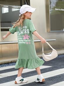 SHEIN 女孩標語圖案落肩袖荷葉邊連衣裙 - 薄荷綠 - 查看 2