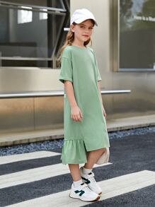 SHEIN 女孩標語圖案落肩袖荷葉邊連衣裙 - 薄荷綠 - 查看 3