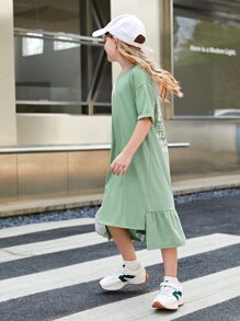 SHEIN 女孩標語圖案落肩袖荷葉邊連衣裙 - 薄荷綠 - 查看 4