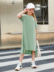 SHEIN 女孩標語圖案落肩袖荷葉邊連衣裙 - 薄荷綠 - 查看 5
