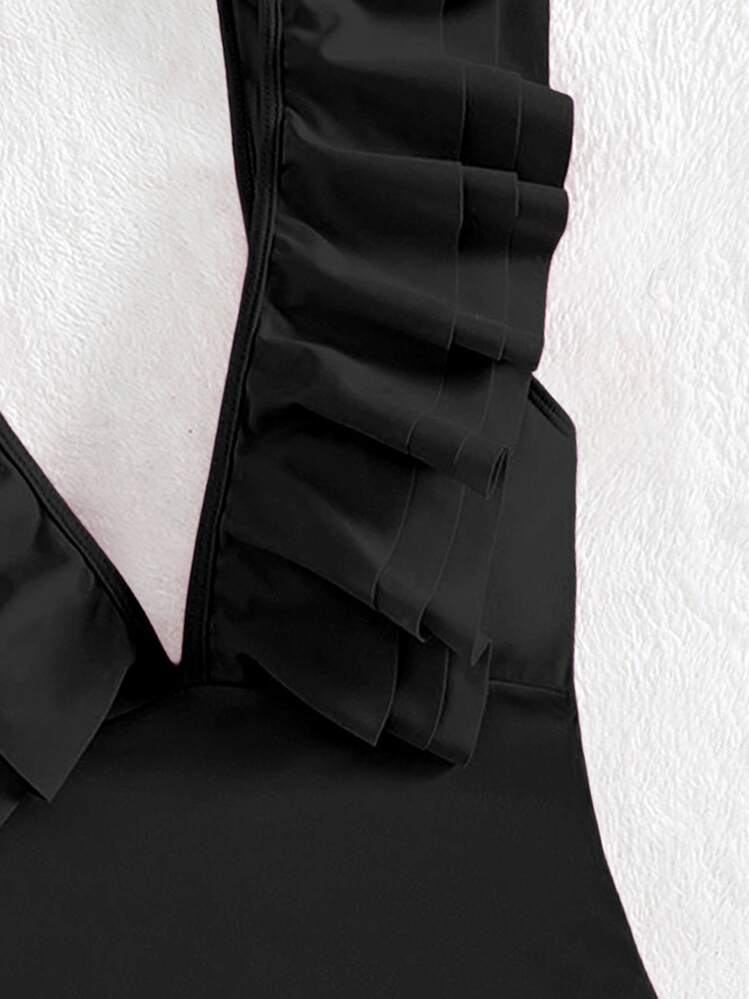 SHEIN Swim Traje de baño de una pieza con cuello en pico y volantes de unicolor para mujer - Negro - Añade 3