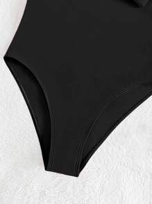 SHEIN Swim Traje de baño de una pieza con cuello en pico y volantes de unicolor para mujer - Negro - Ver 4