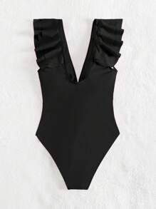 SHEIN Swim Traje de baño de una pieza con cuello en pico y volantes de unicolor para mujer - Negro - Ver 5