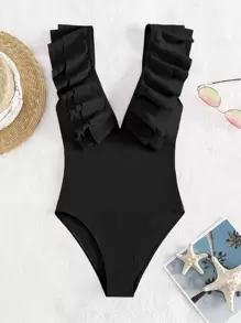 SHEIN Swim Traje de baño de una pieza con cuello en pico y volantes de unicolor para mujer - Negro - Ver 6