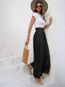 SHEIN Frenchy Quần nữ Quần paper-bag màu trơn Giải trí - màu đen - Xem 5