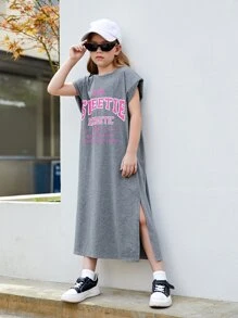 SHEIN Girls Letter Graphic Split Hem Dress - Grey - View 1