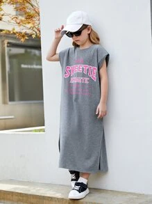 SHEIN Girls Letter Graphic Split Hem Dress - Grey - View 4