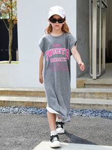 SHEIN Girls Letter Graphic Split Hem Dress - Grey - View 5