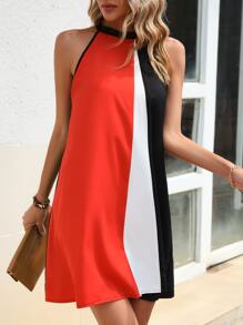 SHEIN Clasi 撞色後綁帶繞頸直筒洋裝 - 彩色 - 查看 3