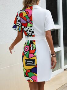 SHEIN LUNE Đầm Thắt lưng Nút phía trước Hình học Giải trí - Nhiều màu - Xem 2