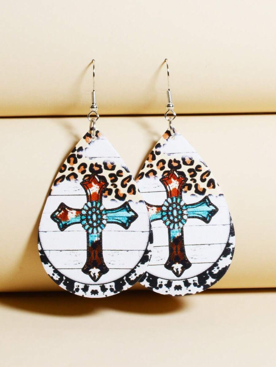 1 đôi Bông tai giọt nước trang trí da báo & thánh giá - Nhiều màu - Xem 1