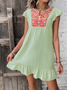 SHEIN VCAY Đầm Thêu Viên lá sen Hoa Boho - Màu xanh Bạc hà - Xem 4