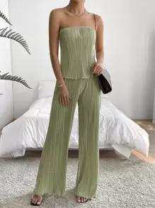 SHEIN Privé unicolor Top bandeau & Pantalones de pierna ancha - Verde Oliva - Ver 1