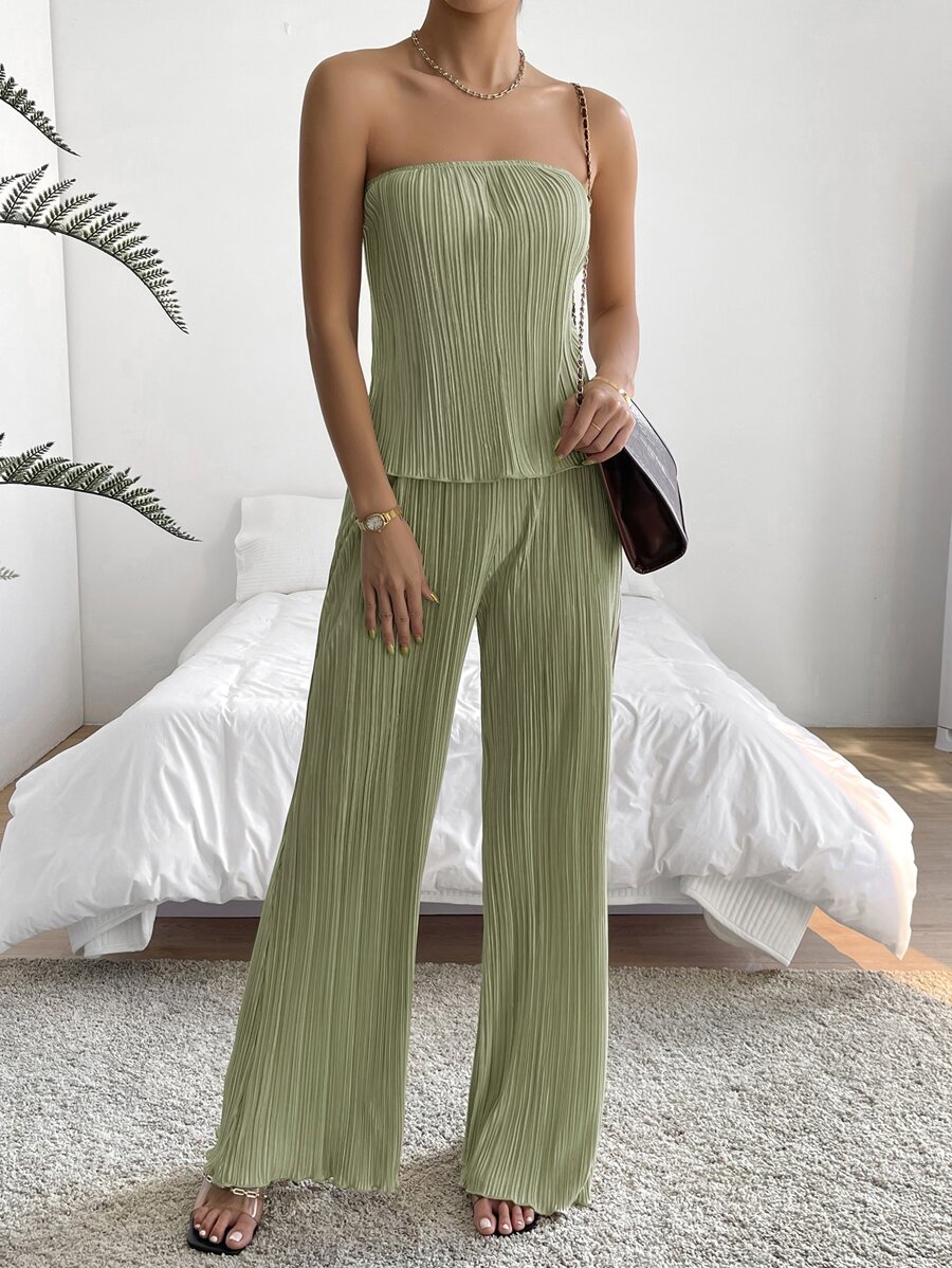 SHEIN Privé unicolor Top bandeau & Pantalones de pierna ancha - Verde Oliva - Ver 1