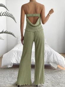 SHEIN Privé unicolor Top bandeau & Pantalones de pierna ancha - Verde Oliva - Ver 2