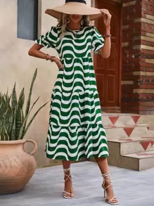 SHEIN VCAY Wave Striped Print Puff Sleeve Smock Dress - Green - View 1