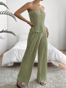 SHEIN Privé unicolor Top bandeau & Pantalones de pierna ancha - Verde Oliva - Ver 5